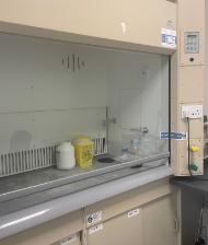 Chemical fume hood angled view, sash closed